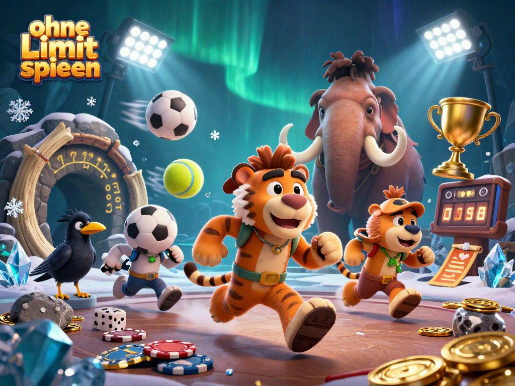 Play without limits at a vibrant prehistoric casino with cavemen, sports elements, and dazzling effects