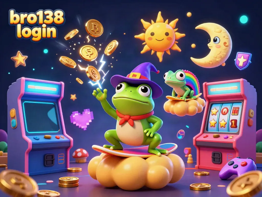 Experience the magic of bro138 login with vibrant characters and casino elements in action, featuring a wizard frog and a chameleon.