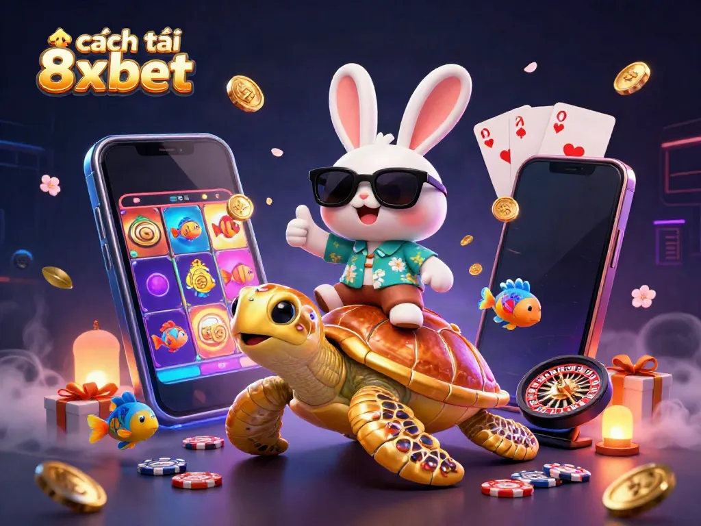 Experience the excitement of cách tải 8xbet with a vibrant 3D illustration of a lucky rabbit and golden turtle, surrounded by casino elements.