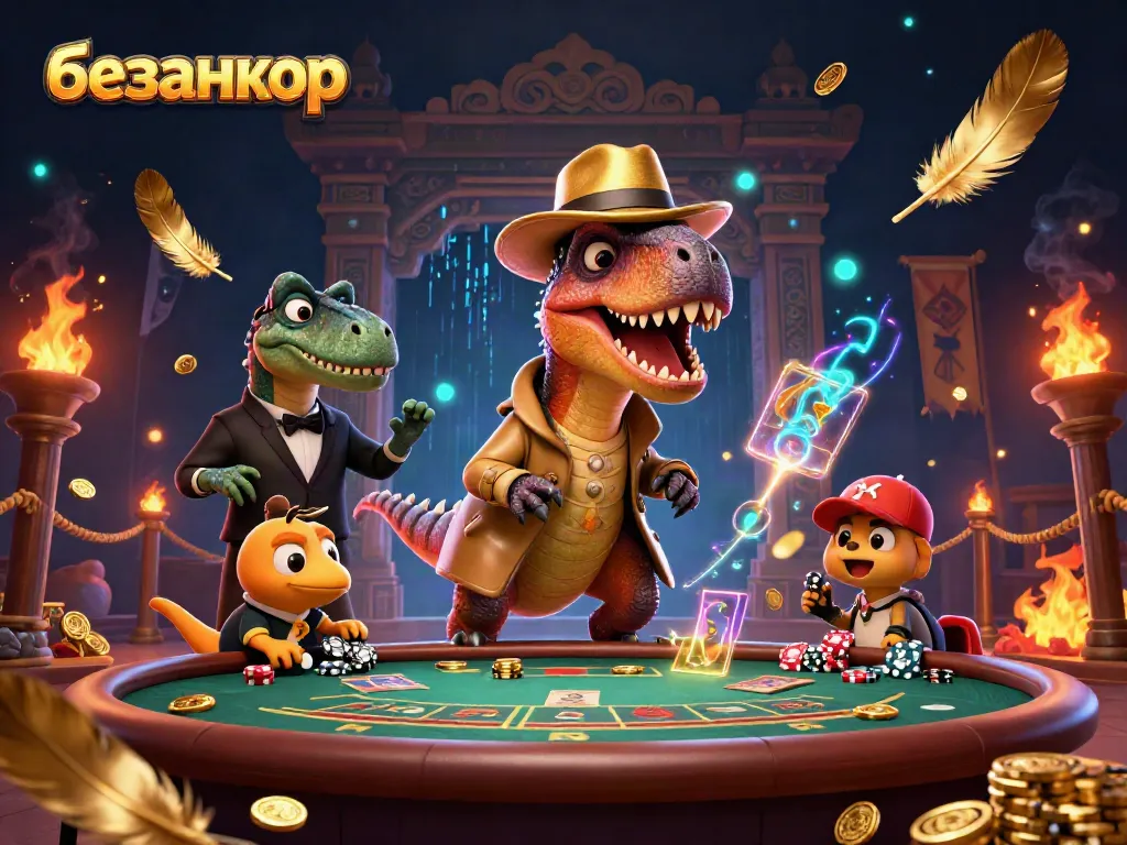 Bet on безанкор with a velociraptor card counter and action-packed casino scene.