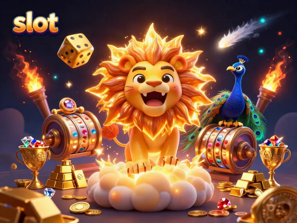 Experience the thrill of slot games with a roaring lion, golden symbols, and vibrant treasures!