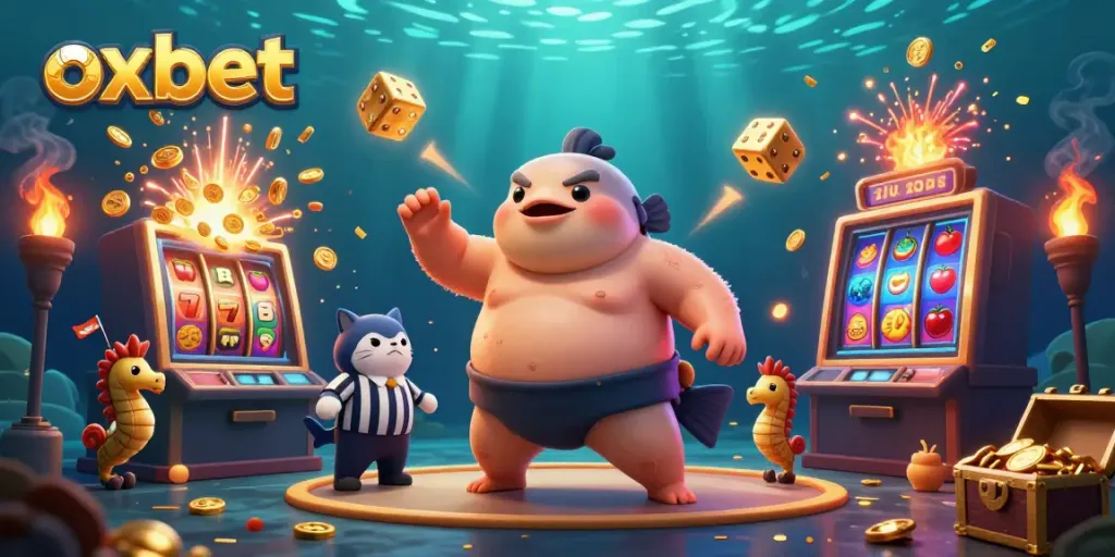 Spin to win with OXBET's vibrant underwater casino scene featuring a fugu and a treasure chest.