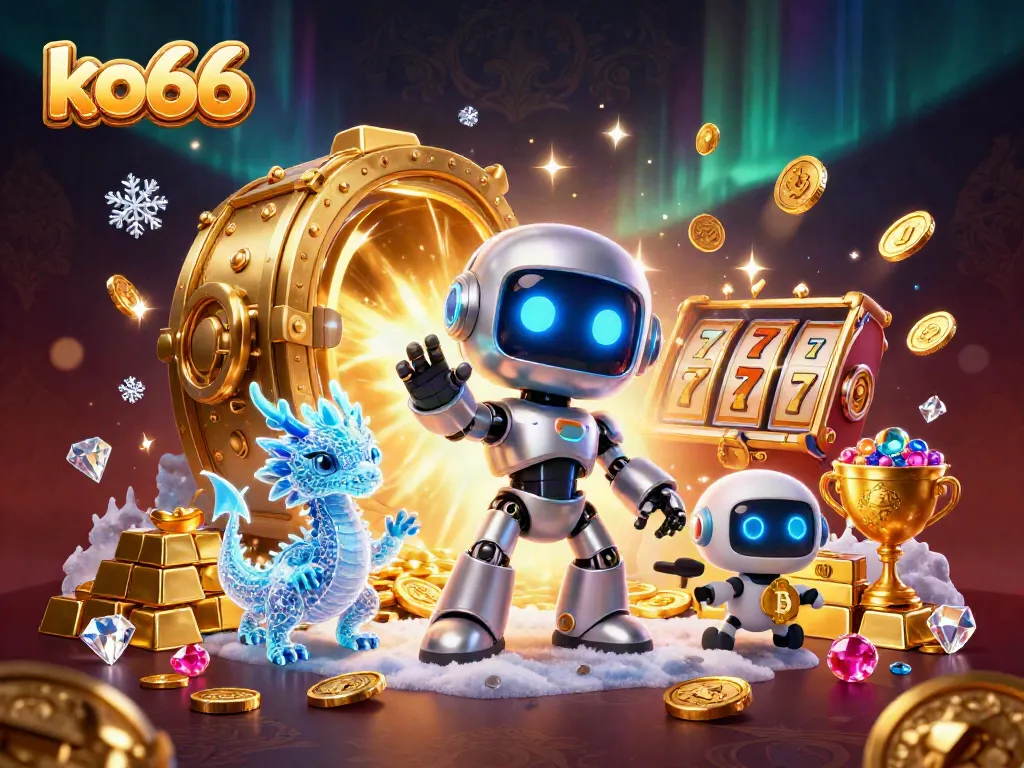 Experience winning at ko66 with a vibrant 3D cyberpunk casino scene featuring dynamic slot machines.