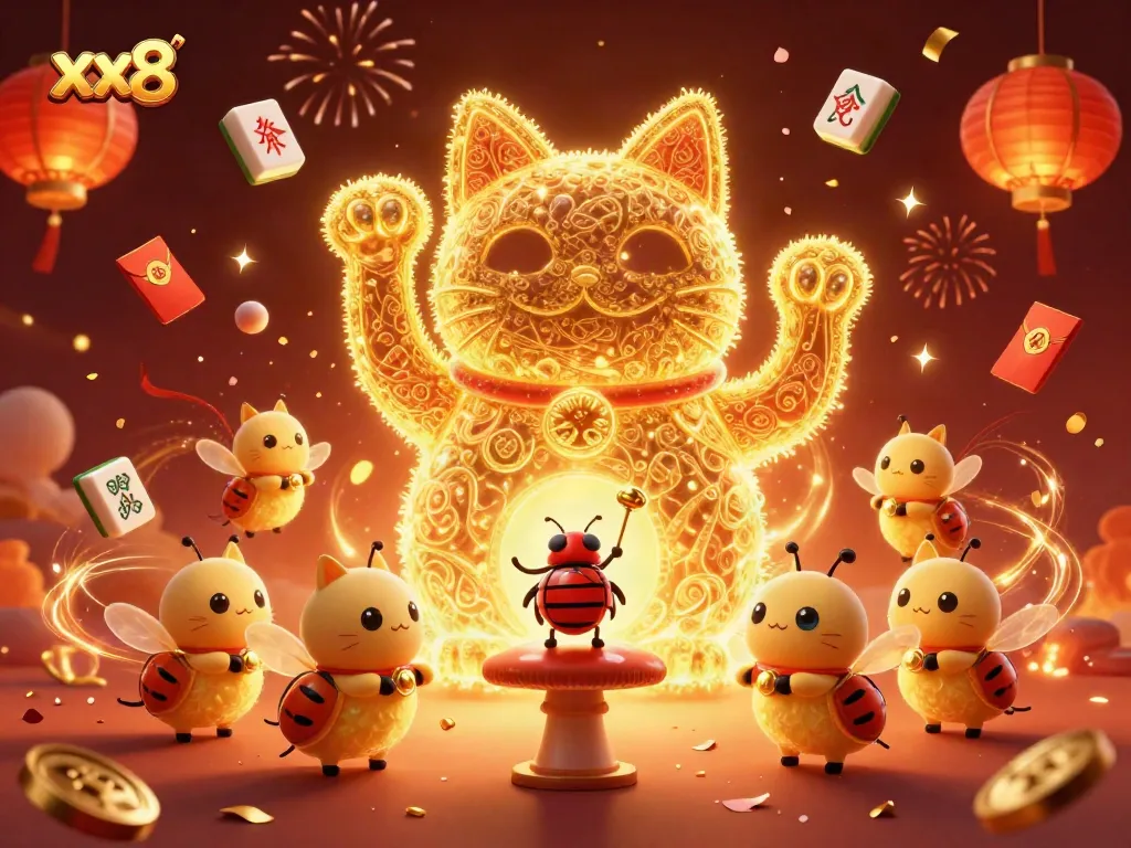 Experience the excitement of xx8 with an engaging 3D visual showcasing a lucky cat and casino symbols.