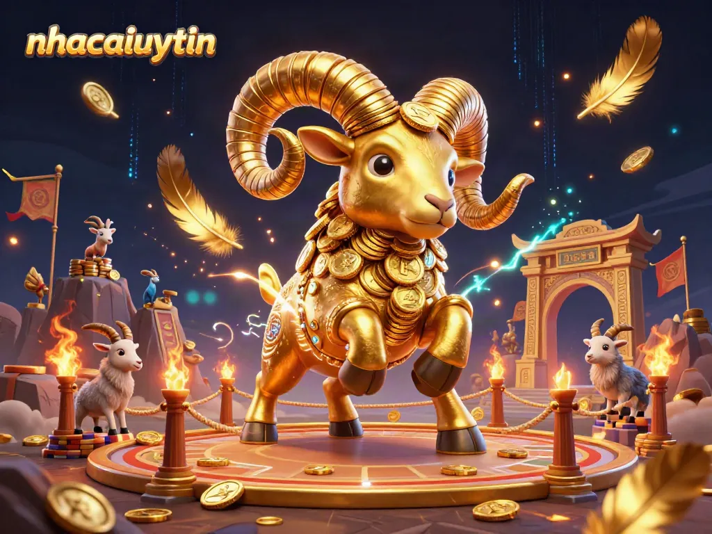 Experience the thrill of nhacaiuytin with a golden ram charging through a vibrant casino arena.