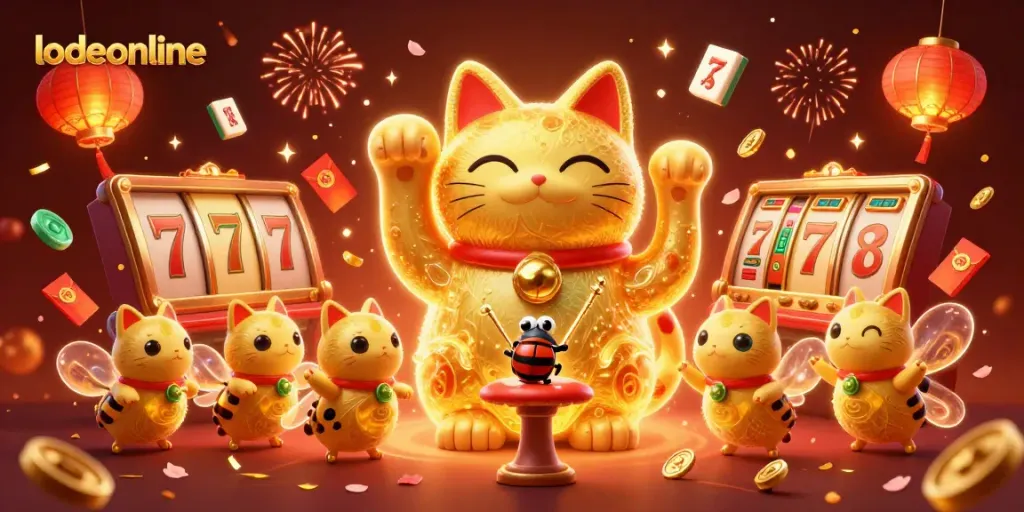 Experience fun with lodeonline's giant lucky cat illustration surrounded by vibrant casino symbols.