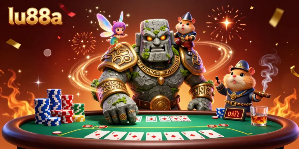 Engage with the dynamic scene of lu88a featuring a stone golem guardian, fairy magic, and vibrant poker elements.