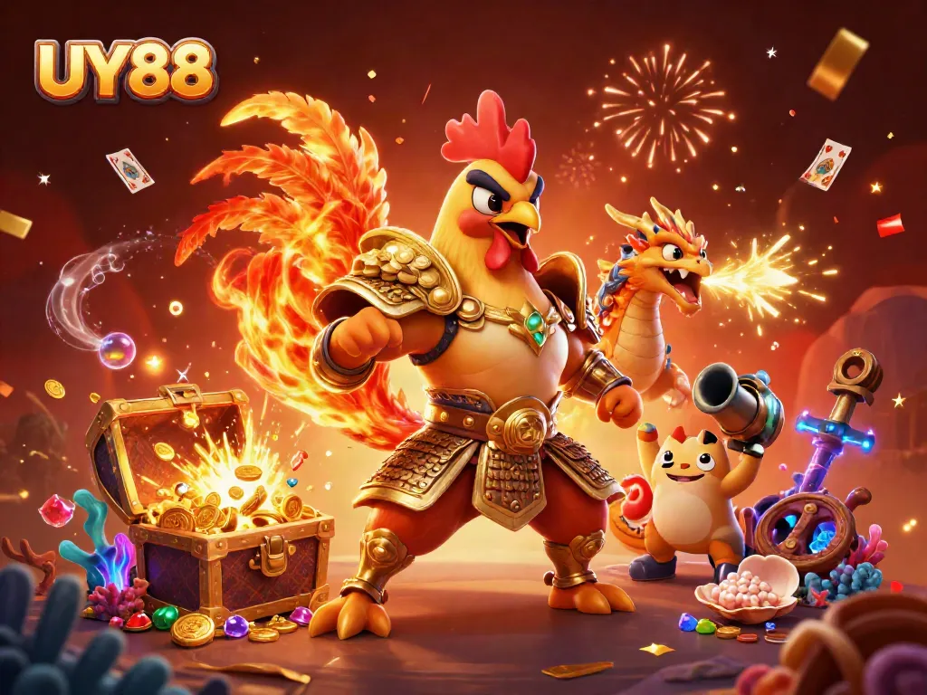 Experience UY88 with a dynamic casino adventure featuring a warrior rooster, dragon hatchling, and treasure!