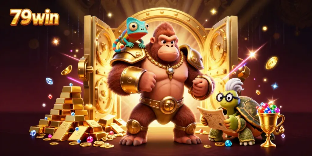 Engage with exciting gambling adventures at 79win in a vibrant casino-themed illustration.