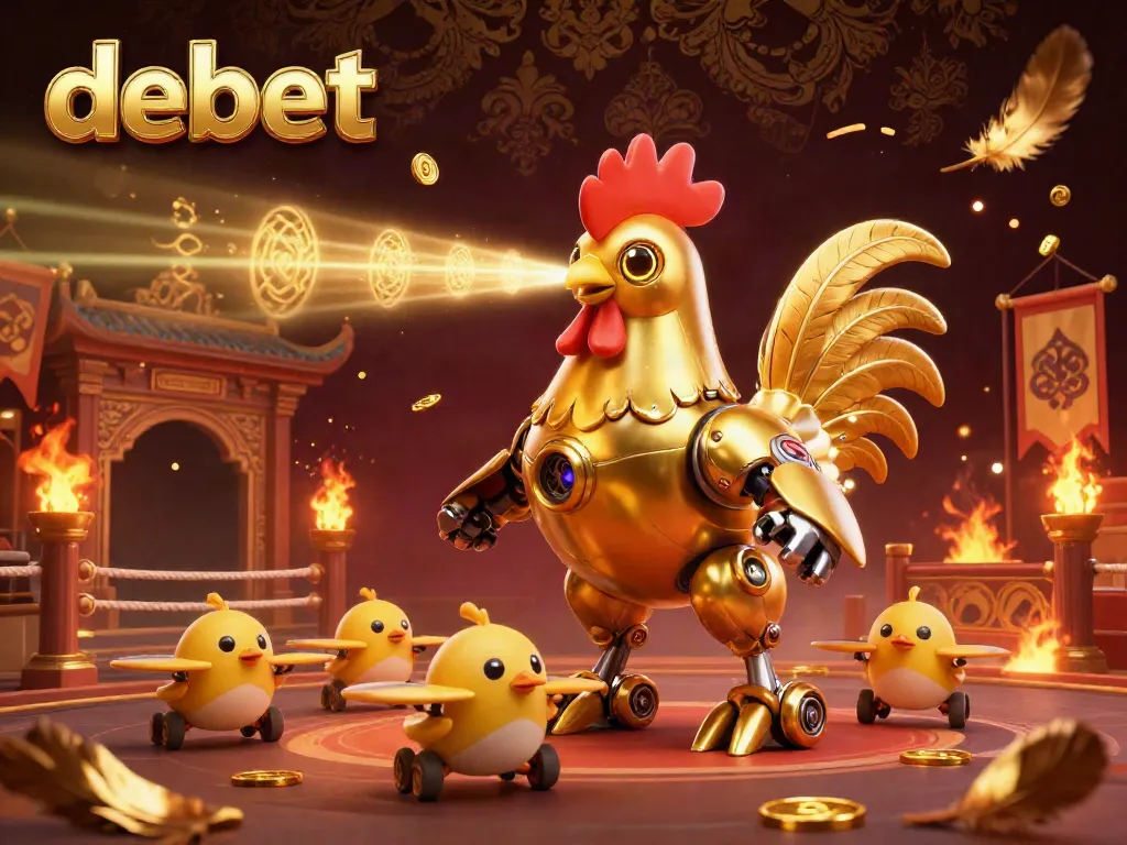 Experience engaging gameplay at debet's online casino with a futuristic golden rooster and adorable chick drones.