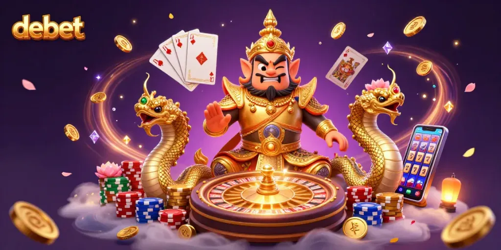 Join the excitement at debet with friendly yaksha guardians in a vibrant 3D casino scene.