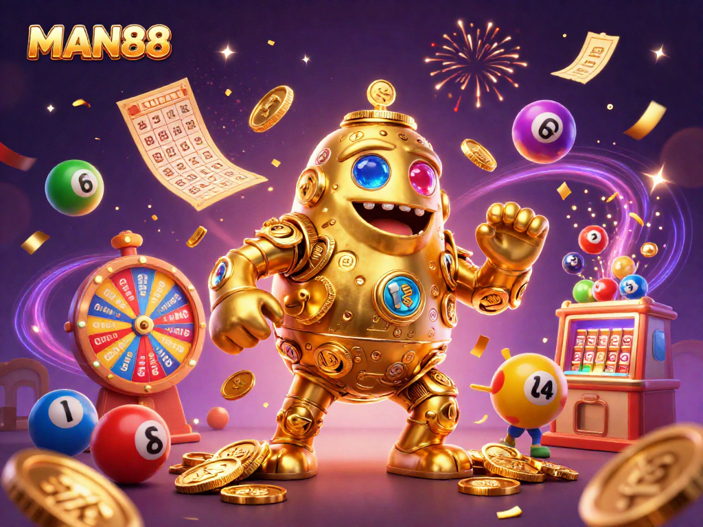 Experience thrilling wins at MAN88 with a golden golem and lottery excitement in this vibrant casino scene.
