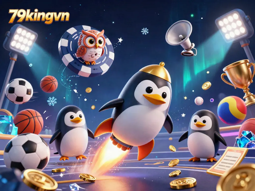 Experience excitement with 79kingvn as a golden penguin zooms toward a casino space station, surrounded by dynamic sports elements.