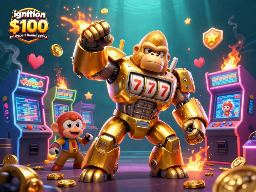 Ignition casino $100 no deposit bonus codes come alive with a golden gorilla mech and colorful game machines.