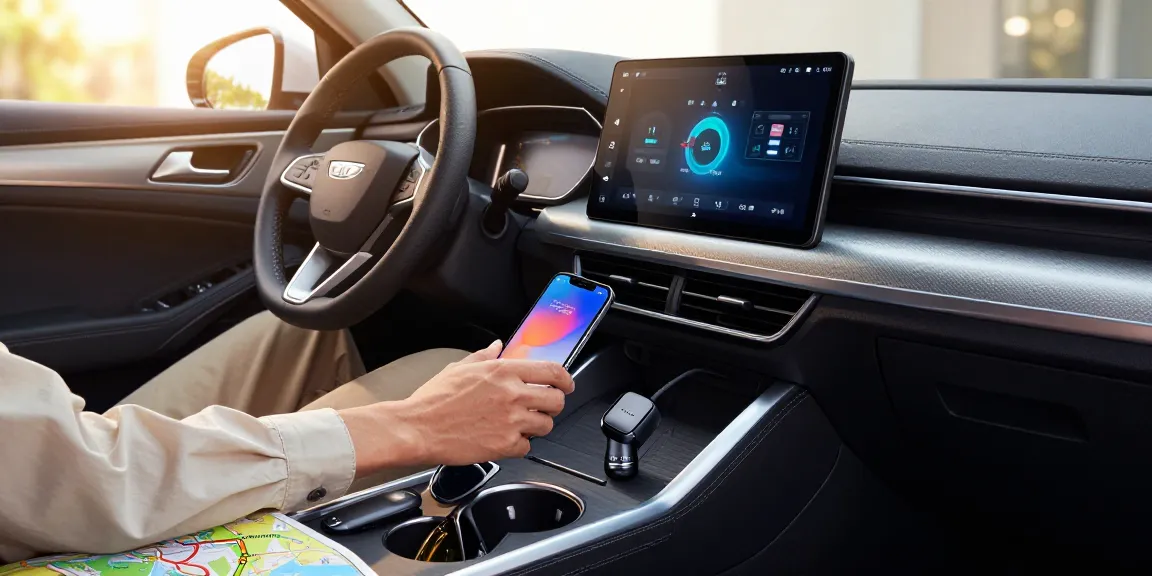 Adapter air88 Bluetooth terhubung di dalam mobil, menampilkan interior modern dan penggunaan teknologi terkini.