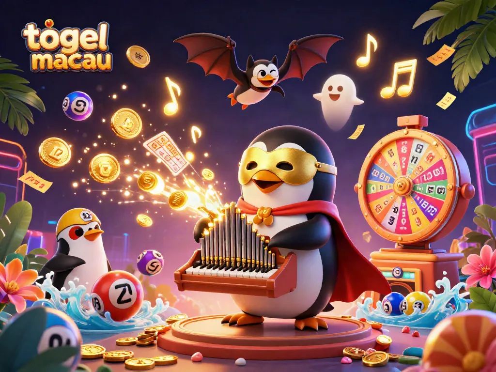 Engage in togel macau with vibrant lottery balls and gold coins surrounded by whimsical casino characters.