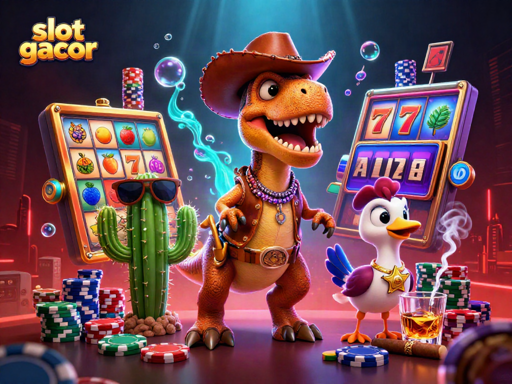 Engage with the slot gacor theme featuring a T-Rex and friends at a vibrant gaming scene.