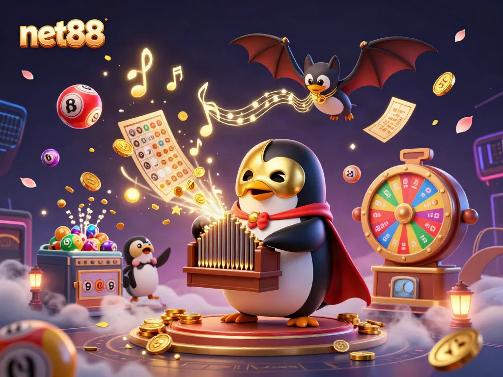 Experience exciting wins at net88 with a vibrant 3D illustration showcasing gambling elements and action.