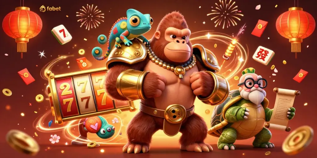 Experience thrilling gaming at fabet with a champion gorilla, chameleon, and tortoise in a rich 3D scene.
