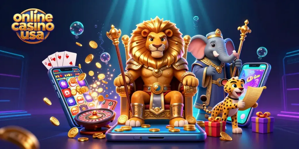 Experience the excitement of online casino usa with a fierce lion king surrounded by vibrant casino elements.