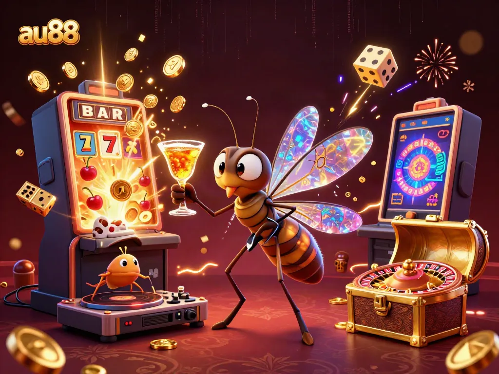 Experience the excitement of au88 as a cartoon mosquito mascot raises a golden cocktail amid dynamic casino elements.