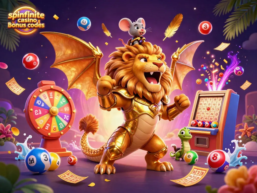 Spinfinite casino bonus codes showcased in a vibrant and dynamic casino scene featuring a triumphant chimera and betting elements.