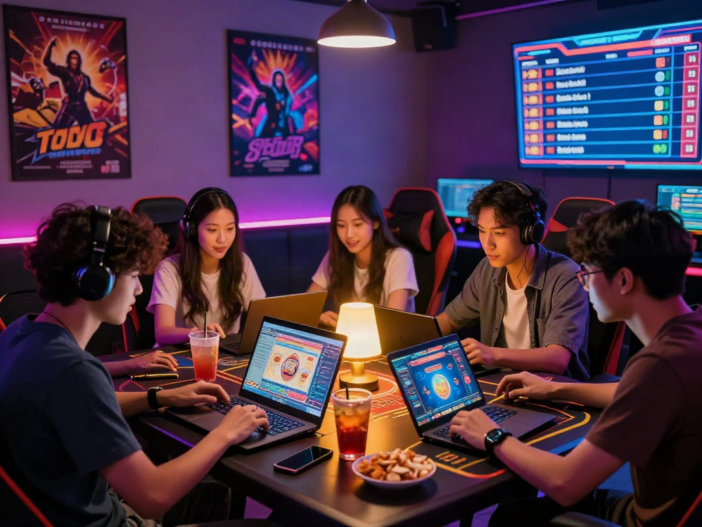 Friends enjoying situs toto gaming in a vibrant lounge with neon lights and drinks.