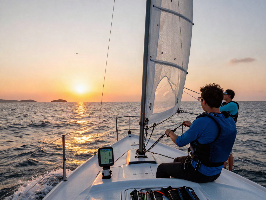 Sailor navigating a yacht at sunset, focusing on the 'slot 5k' route on GPS