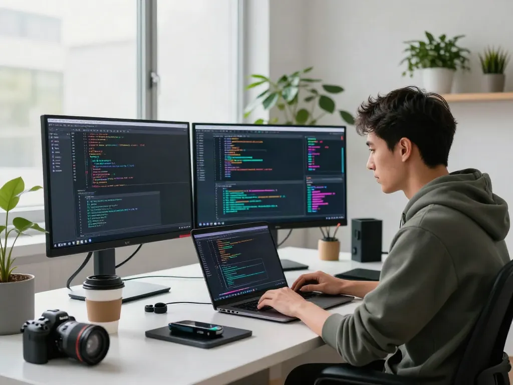 The A80 website developer coding at a modern desk with dual monitors and tech decor.