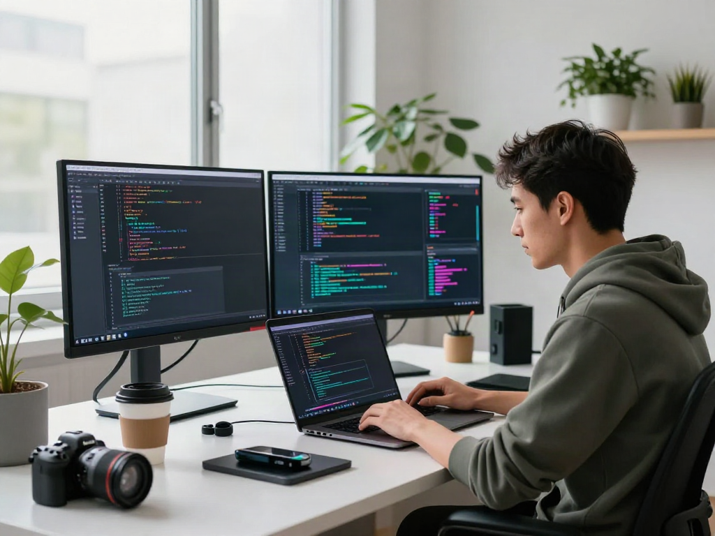 The A80 website developer coding at a modern desk with dual monitors and tech decor.