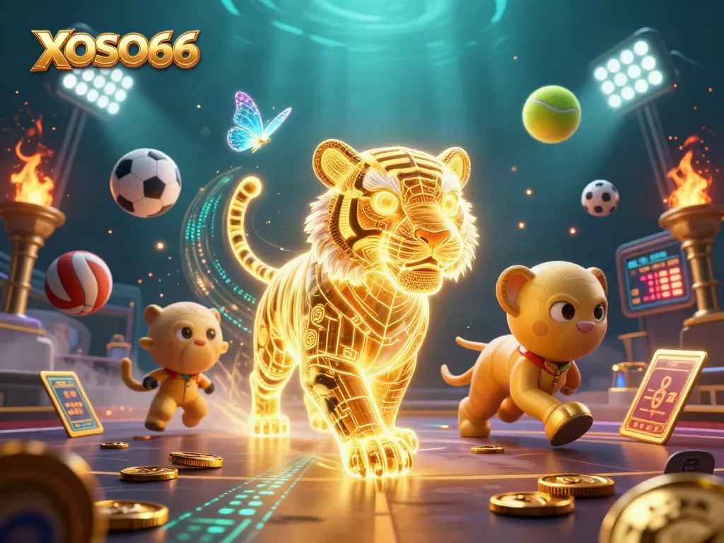 Experience excitement with XOSO66 in this vibrant digital casino scene filled with action.