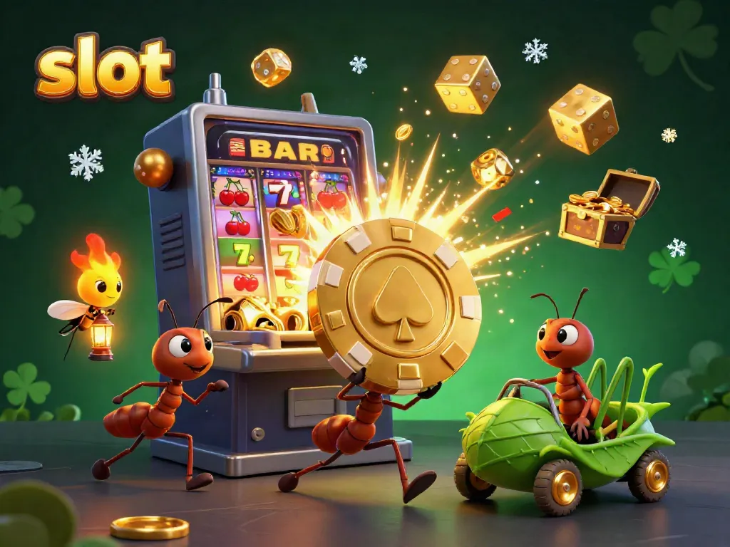 Exciting slot scene with ants, a firefly, and a grasshopper, showcasing jackpot winnings and vibrant casino elements.