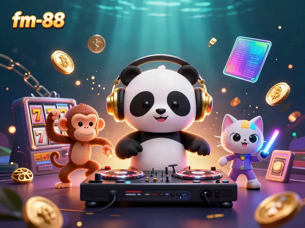 Spin to win with the energetic fm-88 casino gaming scene featuring colorful characters and vibrant slot elements.