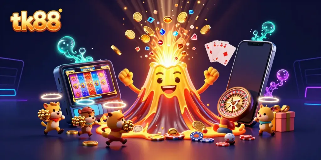 Experience the triumph of tk88 with a vibrant 3D illustration showcasing gold coins, treasures, and winning casino elements.
