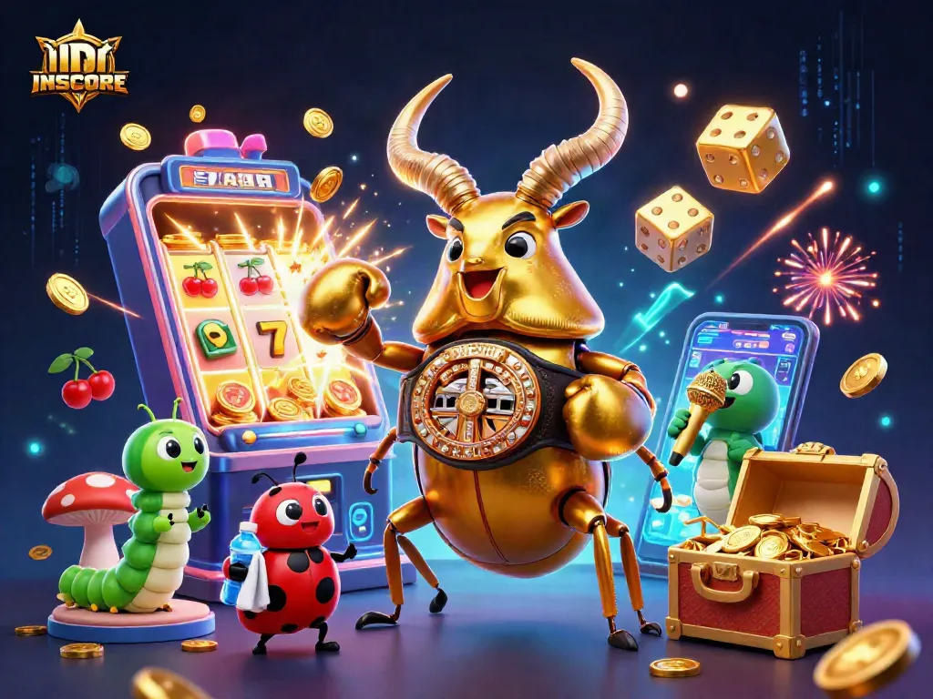 IDNSCORE showcases an energetic casino scene with vibrant characters and glowing elements.