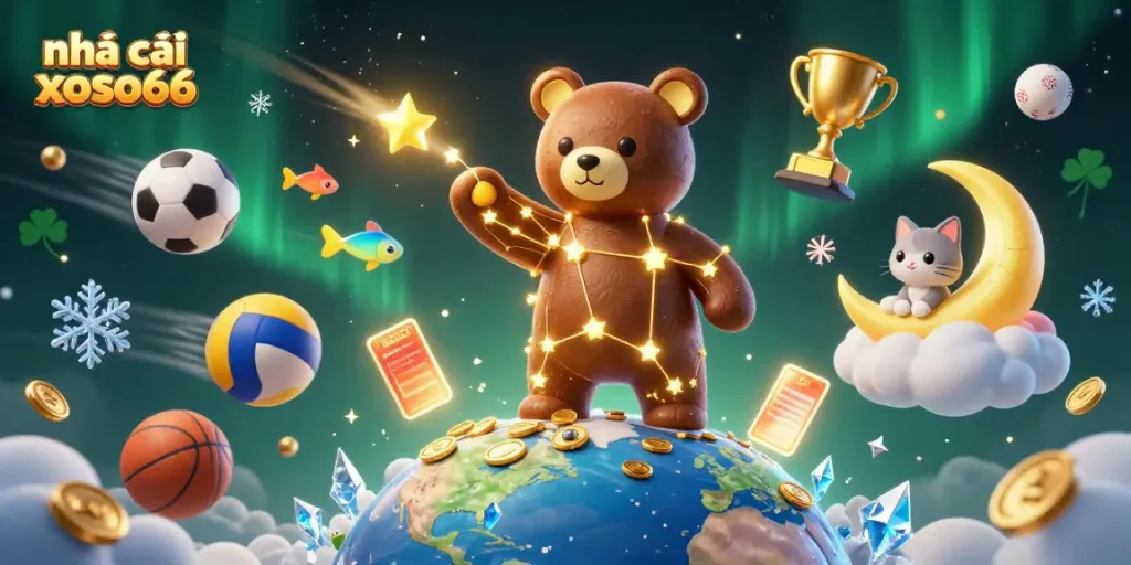 Engage with the vibrant online gaming atmosphere at nhà cái xoso66 with a vivid 3D casino scene featuring a constellation bear and dynamic sports elements.