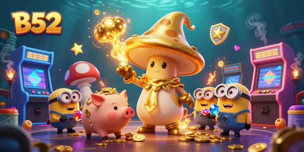 B52 players unleash golden winnings in a vibrant casino adventure featuring magical characters and treasures.