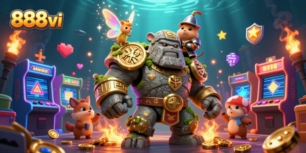 Engage with thrilling games and treasures at 888vi, featuring a dynamic casino adventure scene.