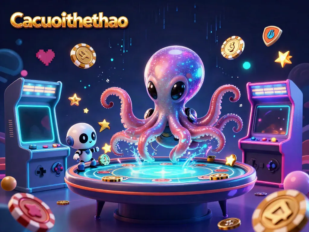 Cacuocthethao showcases an alien octopus expertly managing a holographic poker table, surrounded by dynamic gaming elements.