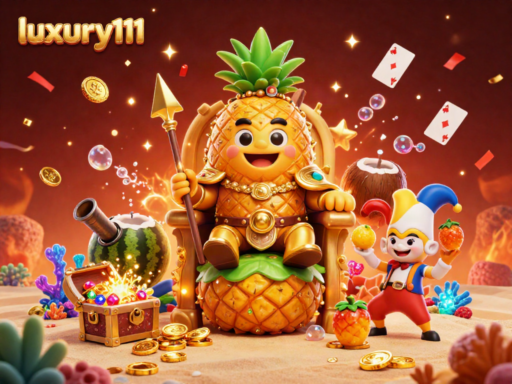 Experience luck with luxury111 at a vibrant casino scene featuring a golden pineapple king and casino elements.