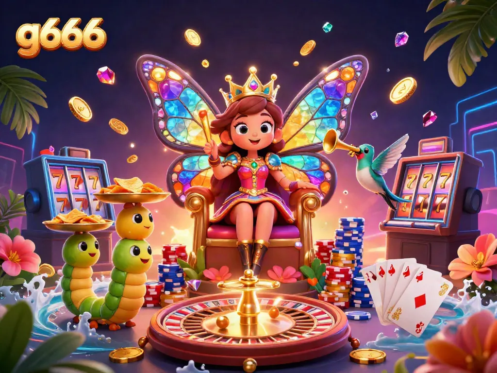 Experience the vibrant world of g666 with a butterfly queen and dazzling casino elements.