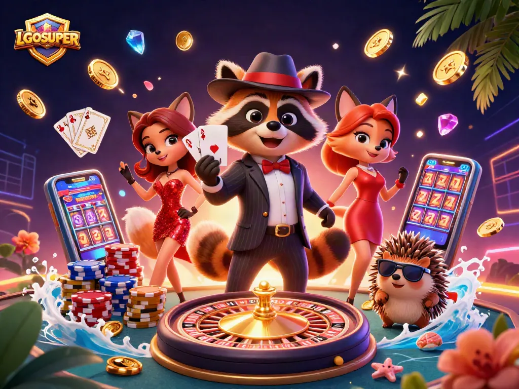 Experience the excitement of LGOSUPER with a charming raccoon, fox, and hedgehog in a vibrant casino scene.
