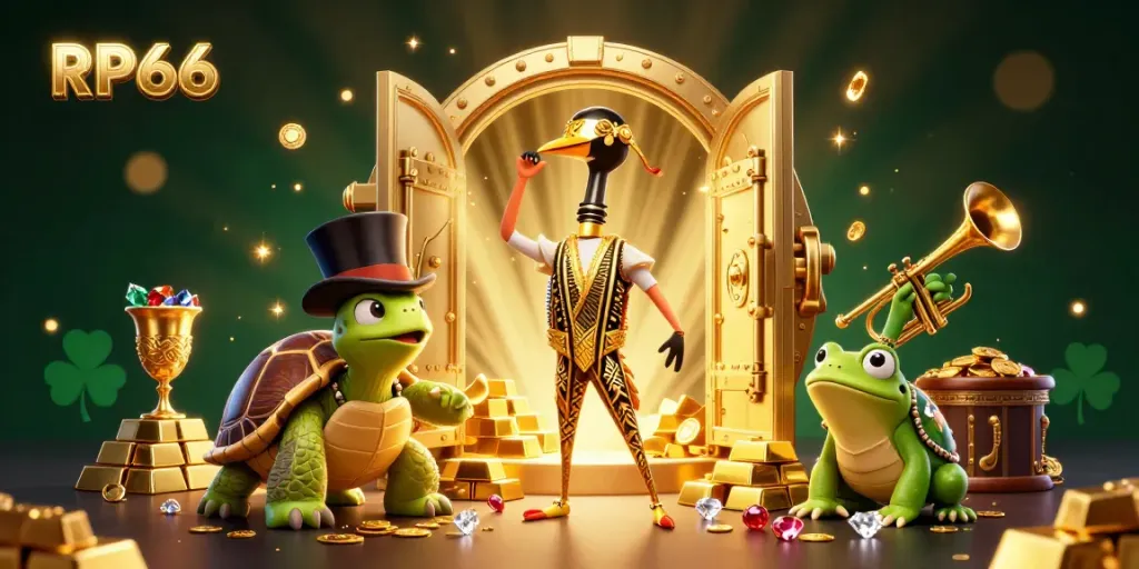 Experience the vibrant world of RP66 with a dynamic casino scene featuring 3D characters amidst golden treasures.