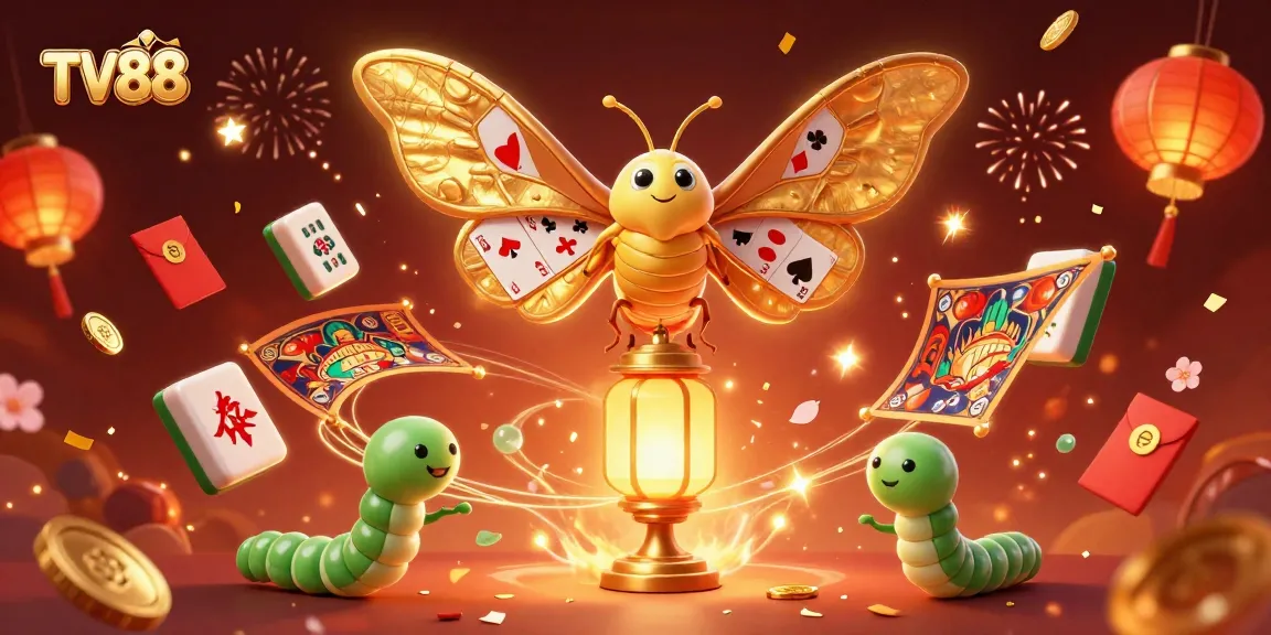 TV88 casino experience with an enchanting moth, festive decorations, and vibrant gaming elements.