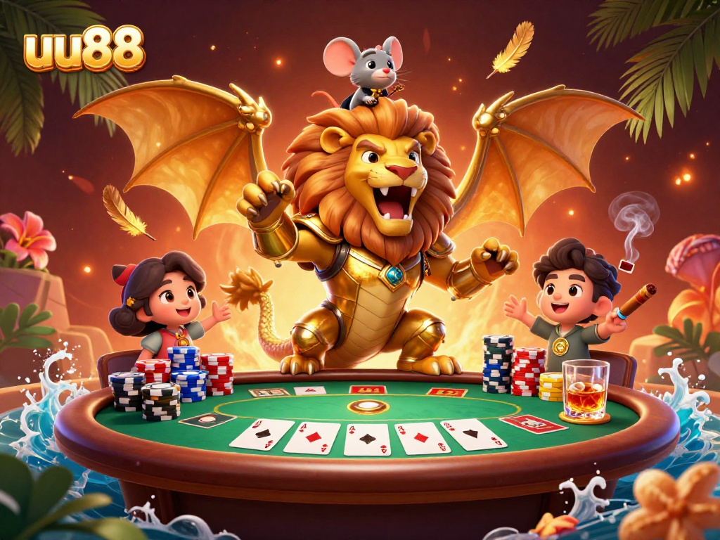 Win big at uu88 with a stunning 3D chimera roaring triumphantly at a poker table.