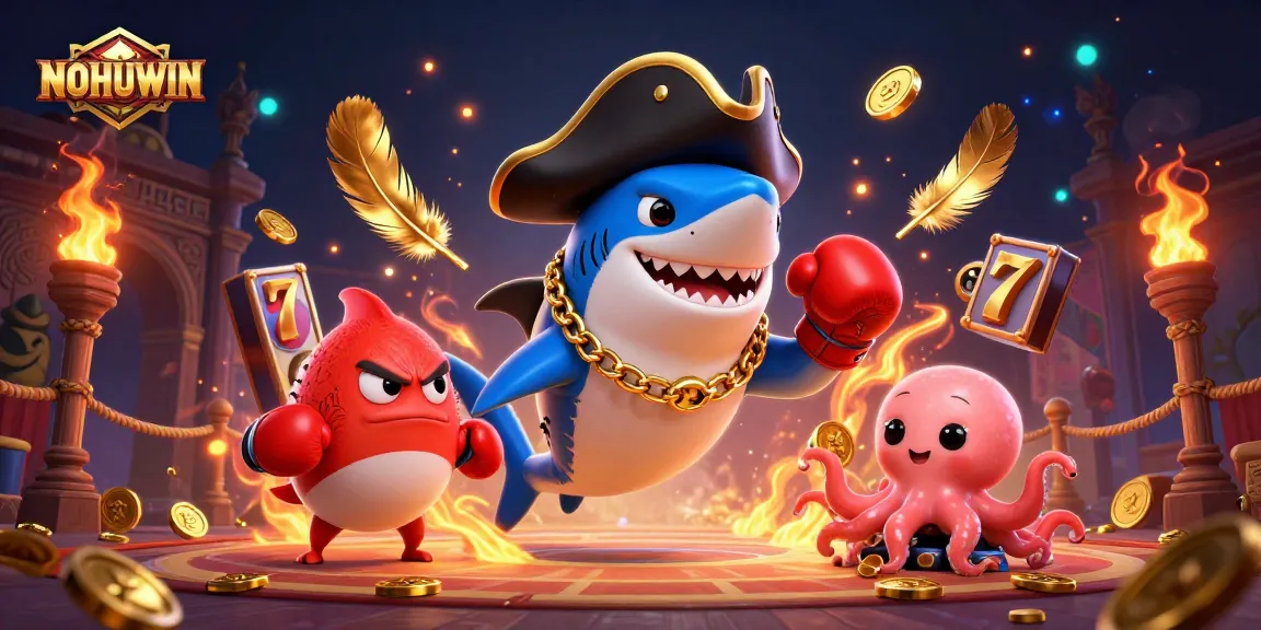 Engage with NOHUWIN's vibrant casino scene featuring a treasure-hunting shark and friends.