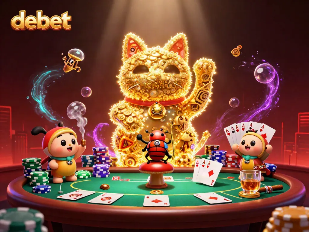 Experience excitement and wins at Debet, featuring a vibrant casino scene with golden lucky cat and poker action.