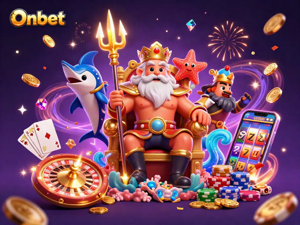 Onbet presents a thrilling casino scene with Neptune and treasure in vibrant detail.