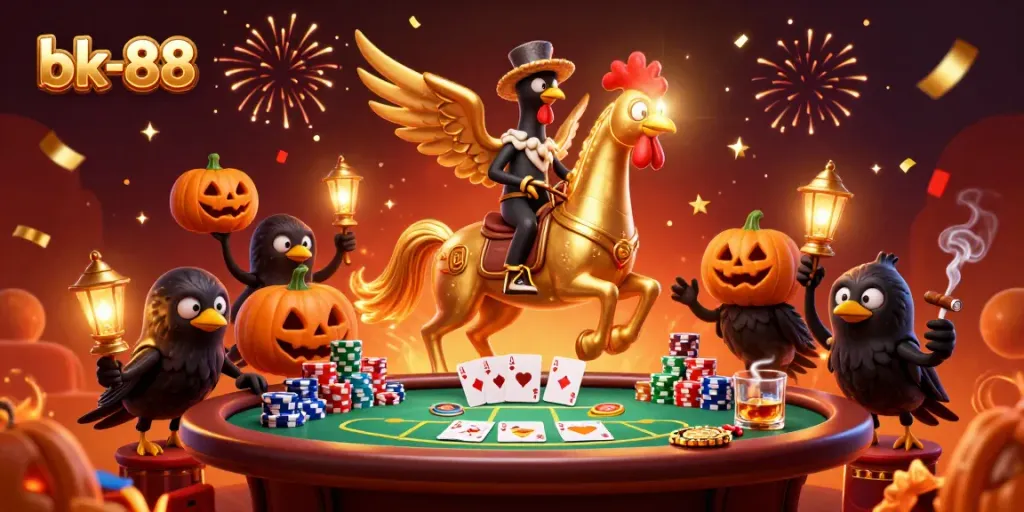 Engage in thrilling gameplay at bk-88 with a golden rooster leading the midnight casino adventure.